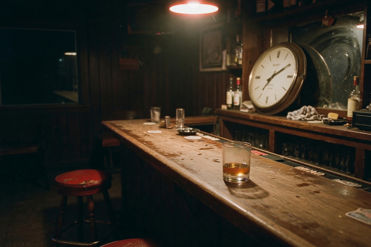 A wooden bar near closing. One stool, one glass, a clock.