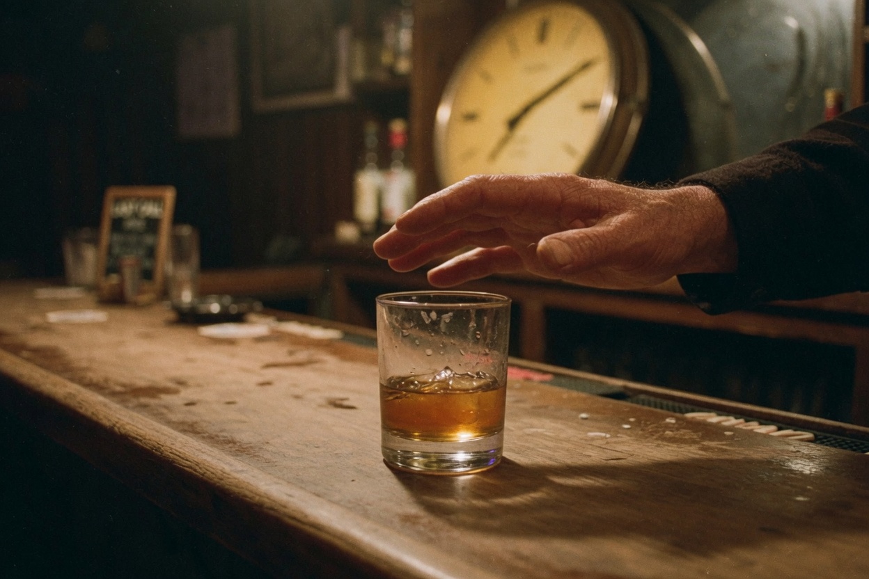 A hand held above a glass, not yet taking it. A clock behind.