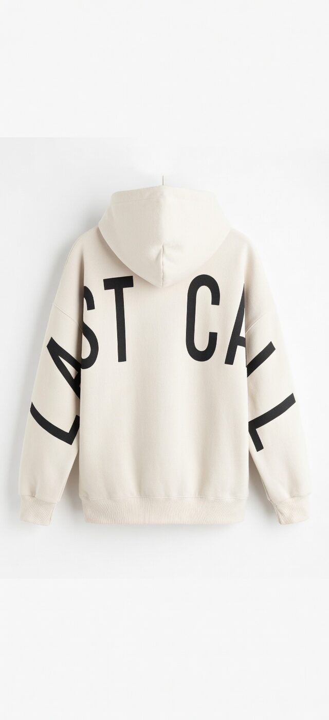 Cream hoodie, LAST CALL across the back and both sleeves